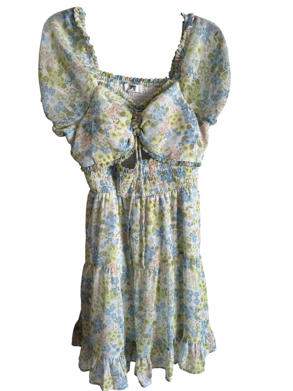 Madden NYC Smocked Babydoll Floral Mini Dress Puff Sleeves Size XL Cottagecore